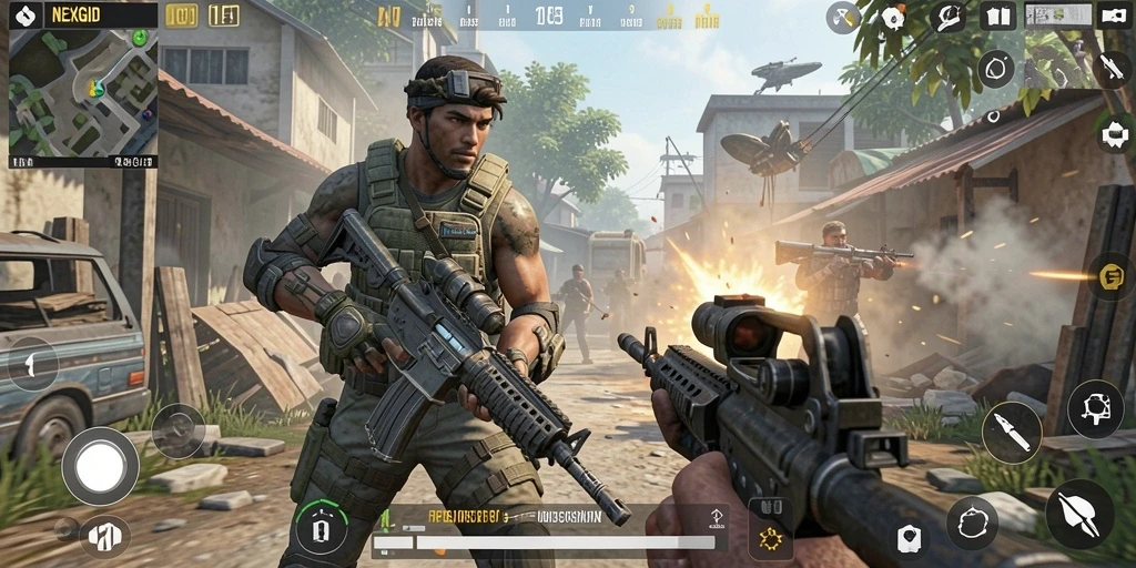 Screenshot menampilkan aksi seru gameplay FPS NEXGID.