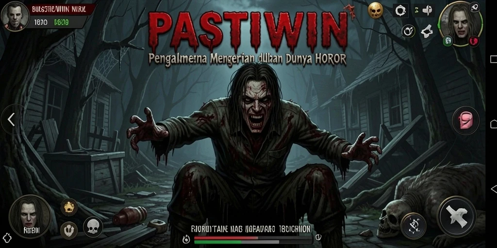 Tampilan gameplay PASTIWIN yang menakutkan dengan nuansa horor yang mendalam.